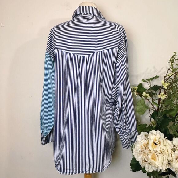 Anthropologie Bardot Spliced Boyfriend Shirt | Blue Stripe Contrast Button-Down - Picture 8 of 12